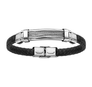 Bracelet Acier Et Cuir Bovin Noir Tresse 3 Rangs Cable Gris 21cm Reglable